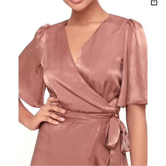 NWT Lulu's Large Wrapped Up in Love Satin Faux-Wrap Short Sleeve Midi Dress - Picture 9 of 15